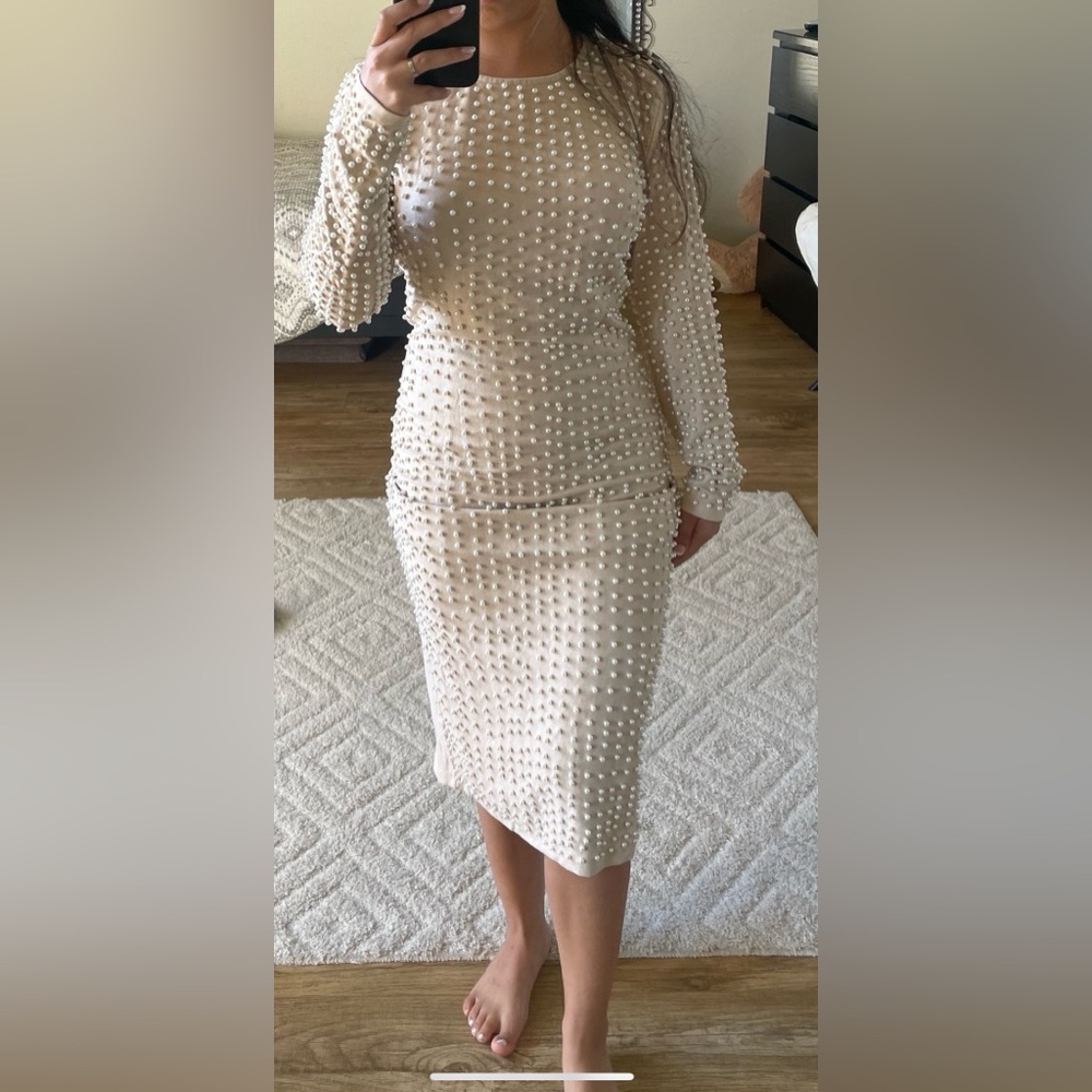 Elegant Pearl-Embellished Midi Dress